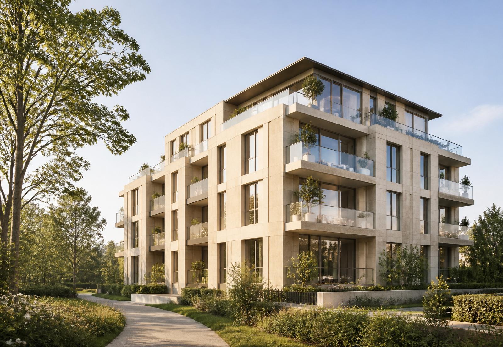 Helle, moderne Wohnimmobilie mit großen Fenstern und viel Grün
